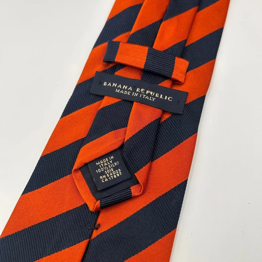 Banana Republic Mens Silk Tie Orange Navy Blue Repp Stripe Made in Italy Classic